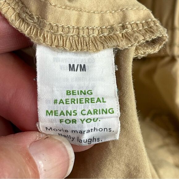 Aerie Cargo Pants Women’s Medium Tan Straight High Rise Elastic Waist Drawstring - Picture 8 of 15